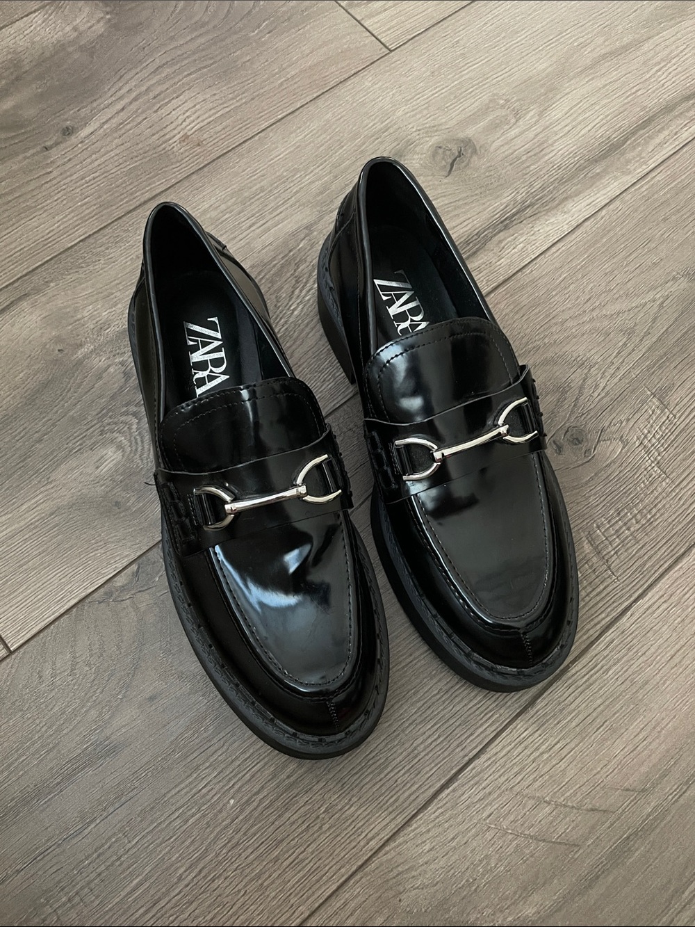 Zara Black Patent Leather Chunky Lug Buckle Bit Loafers Sz: US 8 EU 39